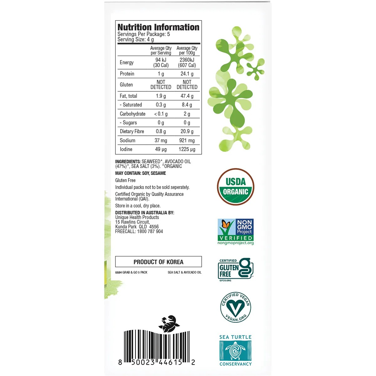 Gimme Organic Seaweed Grab & Go Sea Salt & Avocado Oil 5x4g