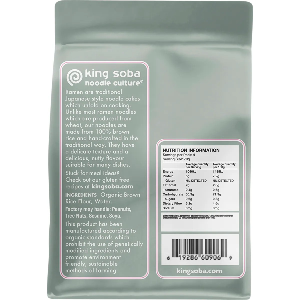 King Soba Organic Brown Rice Ramen Noodles 280g